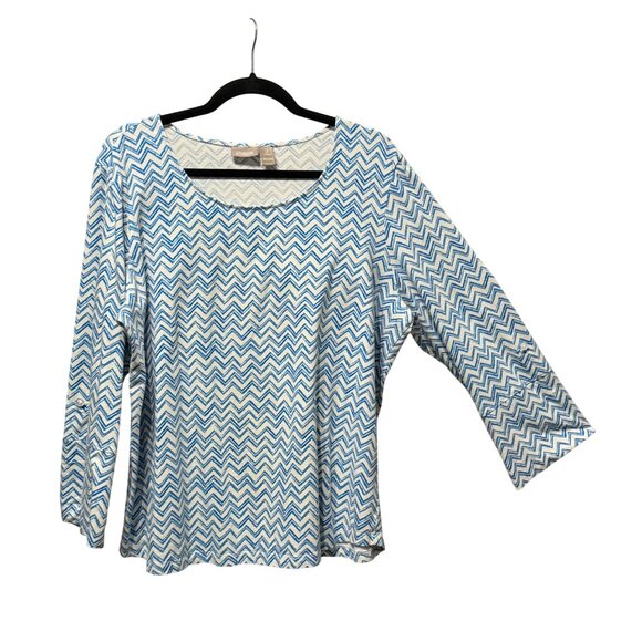 Chico’s size 3 (XL/16) turquoise blue zigzag print 3/4 roll tab sleeve top - Picture 1 of 8